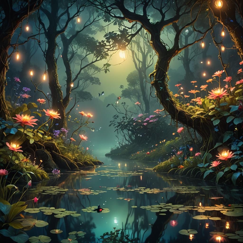 Magical Realism: Tranquil Fantasy Forest at Night