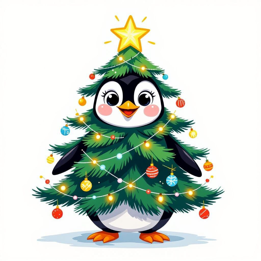 Penguin Christmas Tree Cartoon in Mary Blair Style
