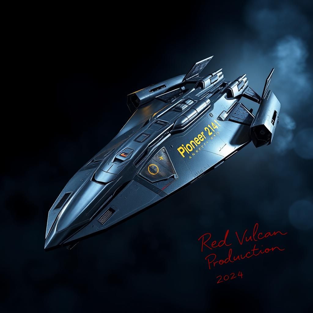 A sleek, gun-metal spaceship with a blunt, angular nose and ...