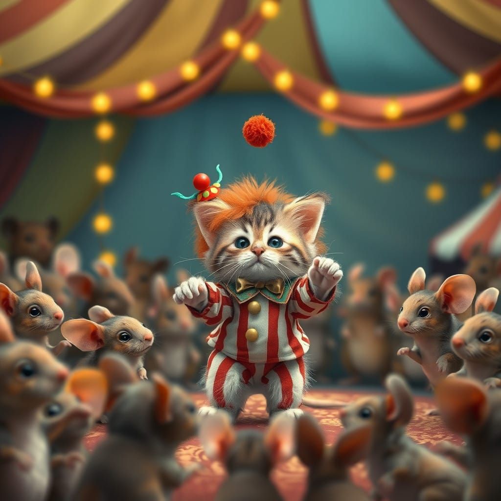 Whimsical Kitten in Clown Costume Performs for Enchanted Mic...