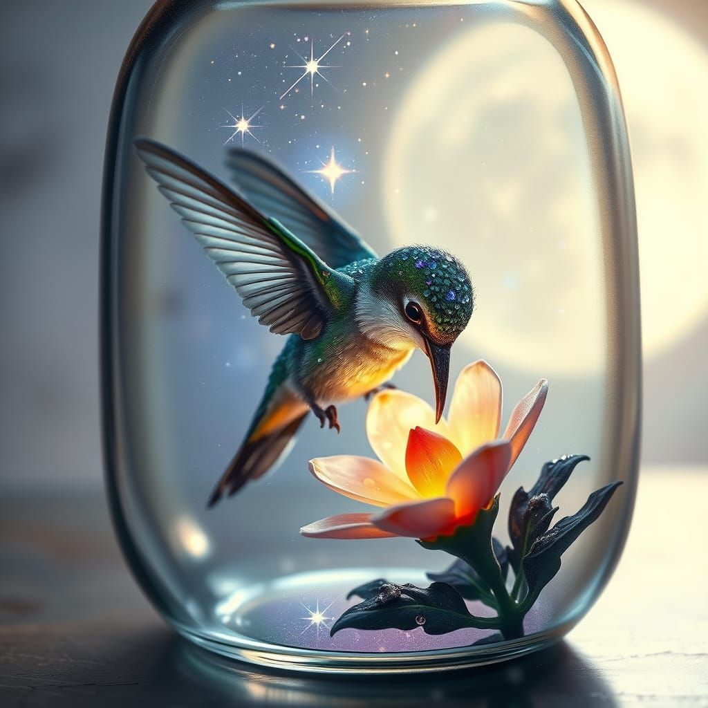 Surreal Hummingbird Sips Nectar in a Glass Bottle amidst a D...