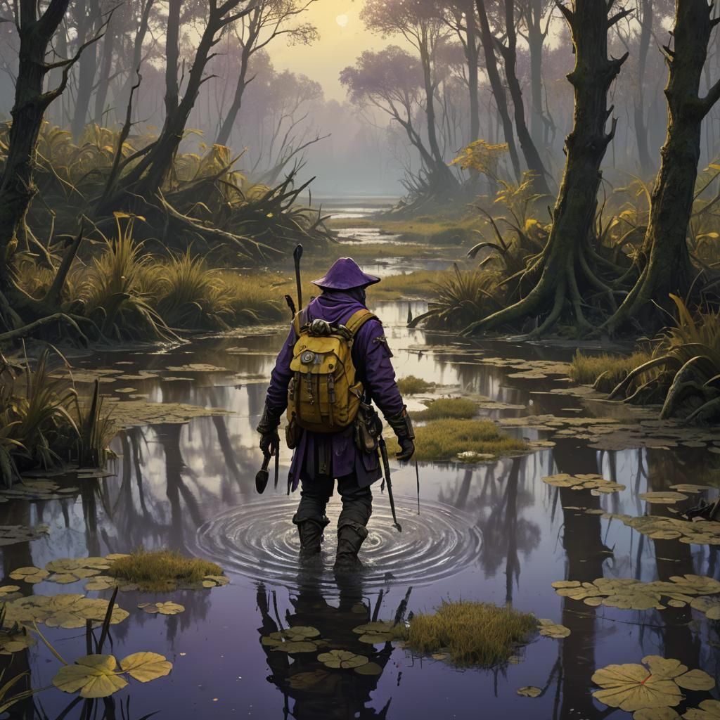 Pilgrim's Journey Through Dark Fantasy Swamp