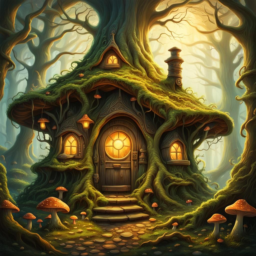 Ethereal Fantasy in Oil Painting Style: Enchanted Witch Hut...