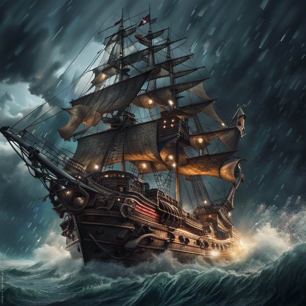 Pirate Ship in Dark Storm: Hyperrealistic Concept Art