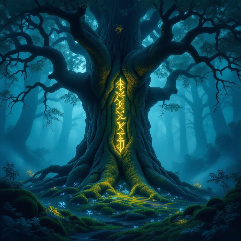 Ancient Tree with Glowing Runes in Ethereal Forest
