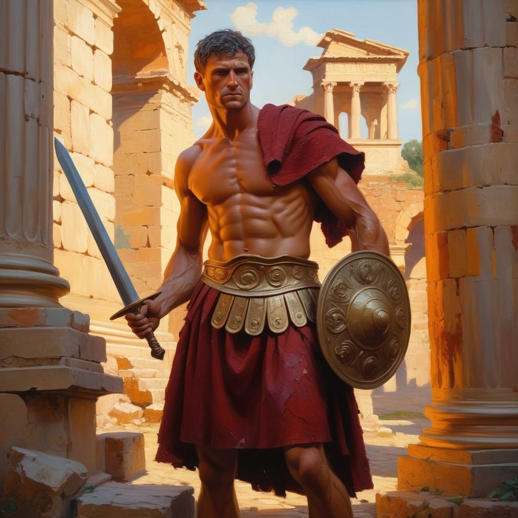 Christian Gladiator Duel in Impasto Style Oil Painting