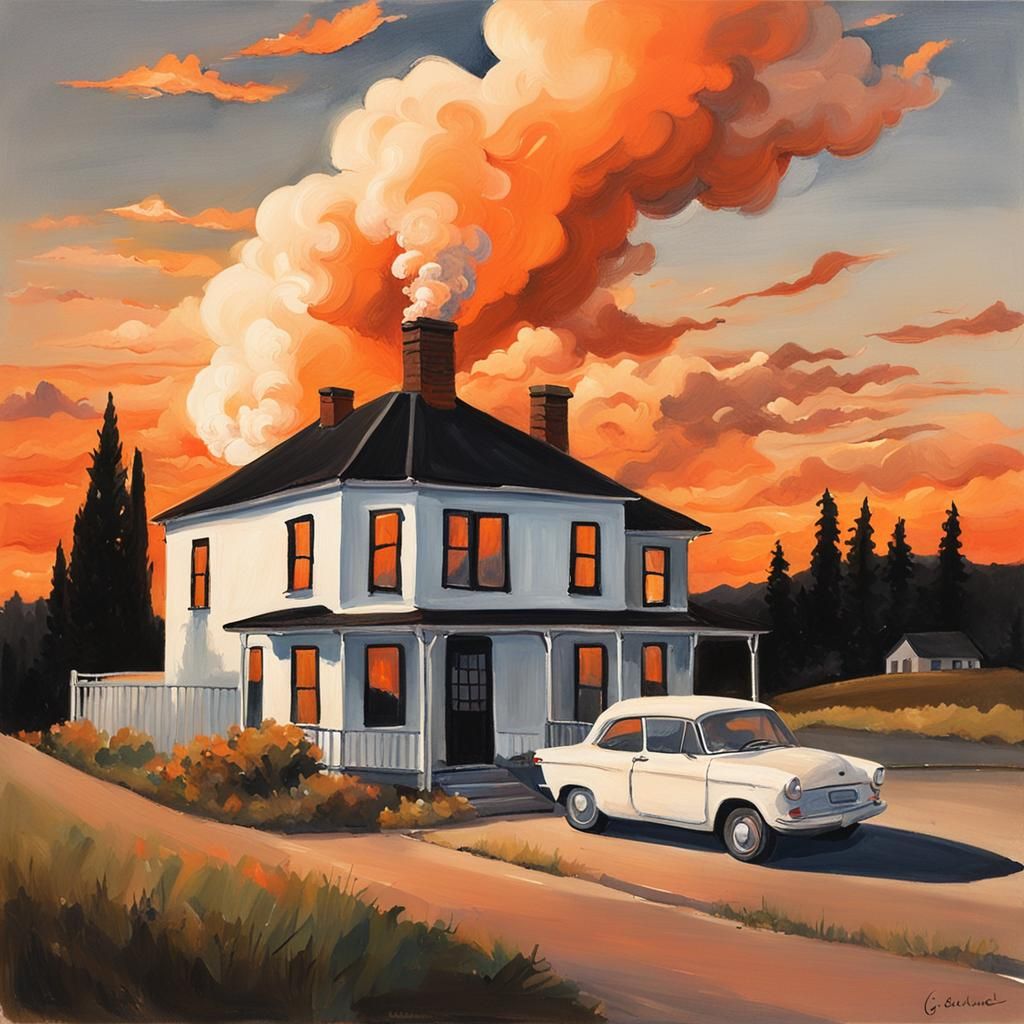 Small House with Chimney in Gouache Painting Style