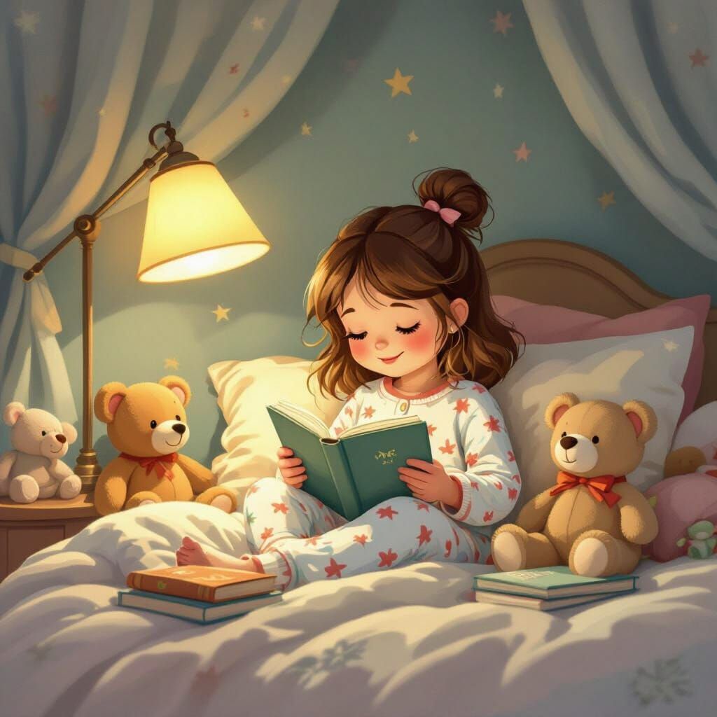 Cozy Girl Reading Book in Cartoon Style