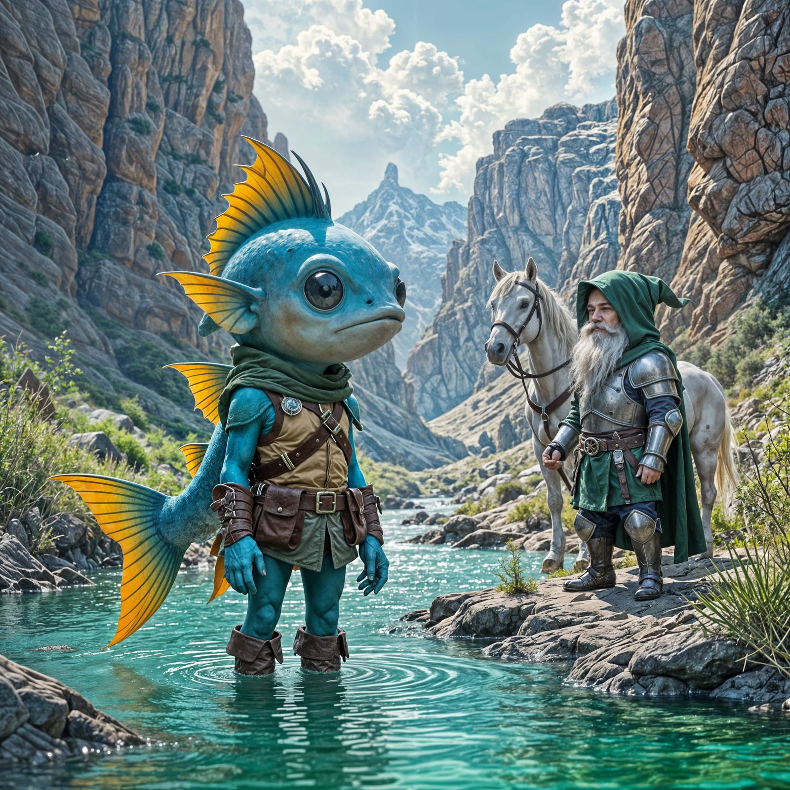 Mountain Stream Scene with Blue-Skinned Boy and Dwarf