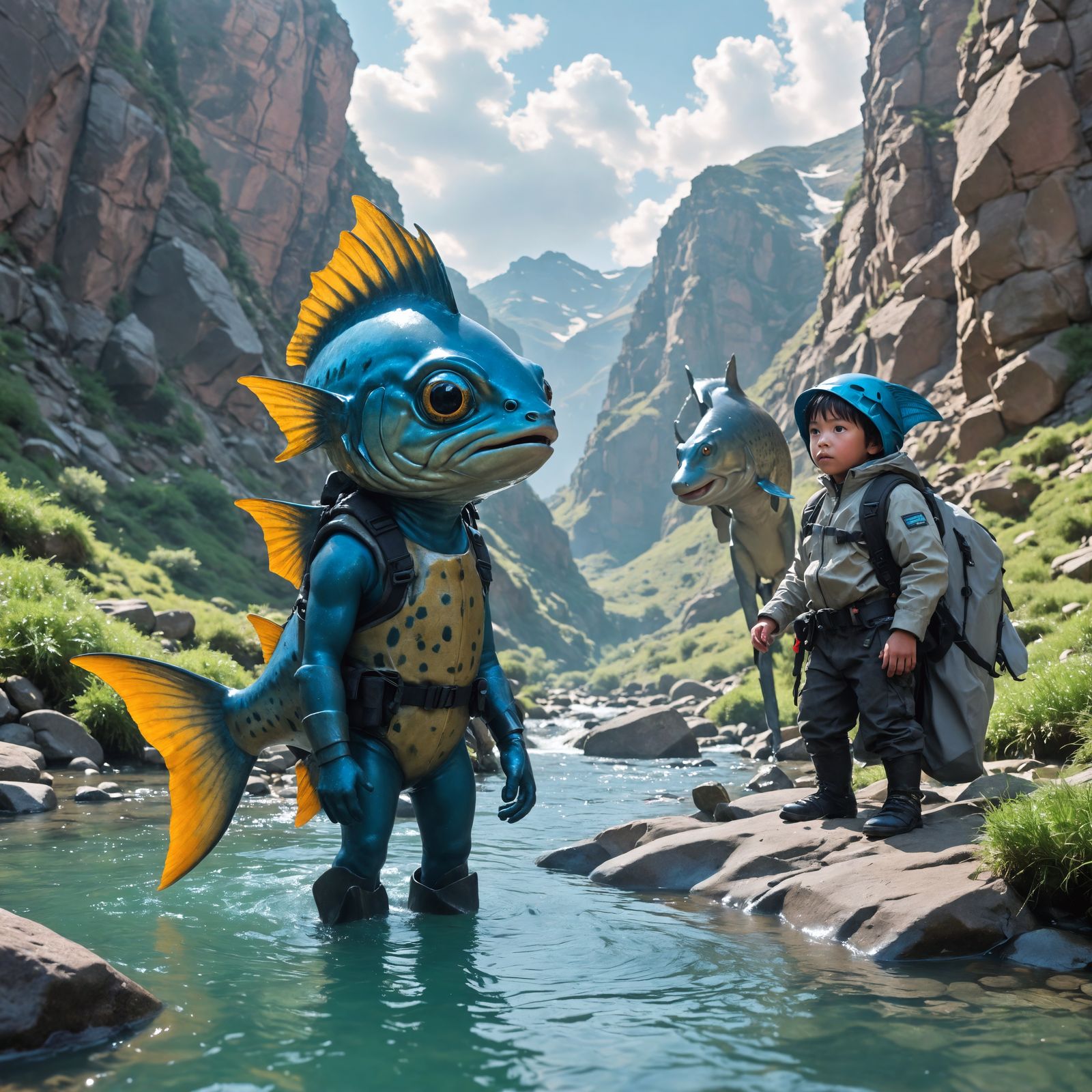 Mountain Stream Scene with Fish-Boy, Dwarf, and Horse