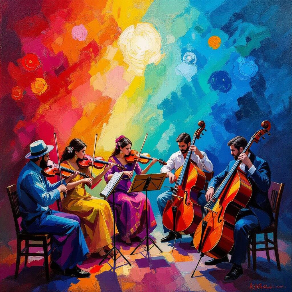 Diverse Musicians Play Unique Instruments in Expressive Oil ...