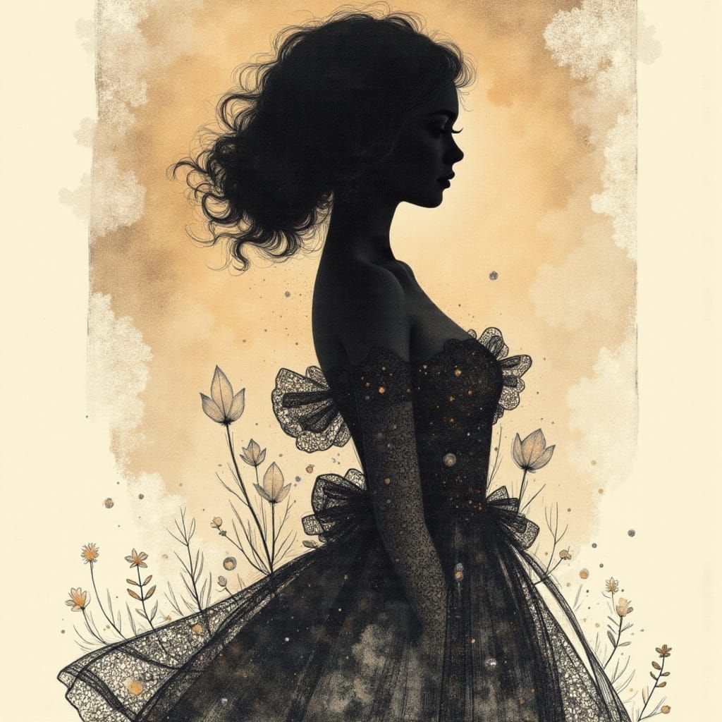 Elegant Baroque Portrait of a Woman in Charcoal Silhouette