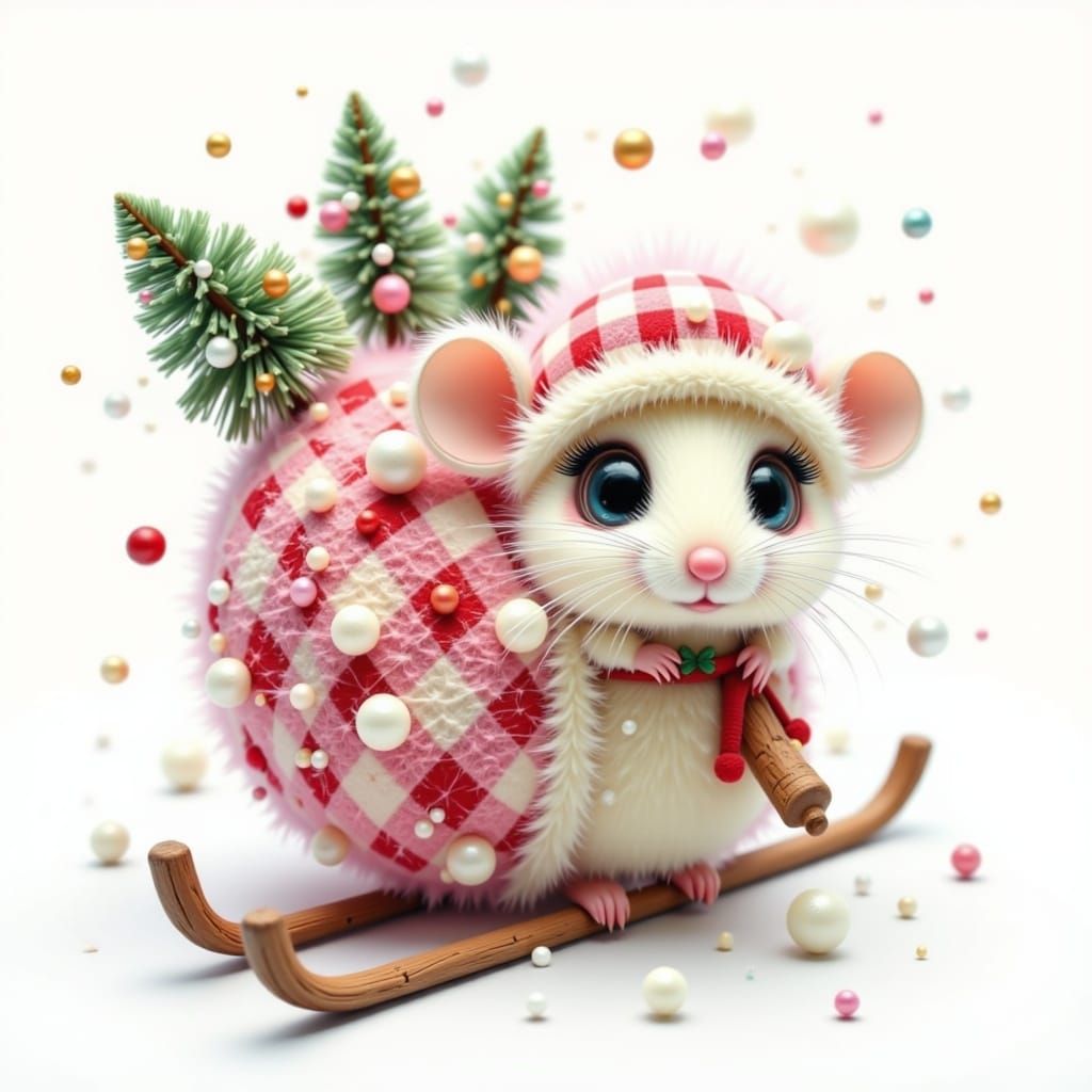 Santa Mouse on Snowmobile in Whimsical Cartoon Style