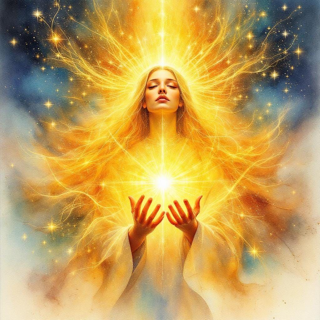 Saint Emitting Golden Light in Watercolor Style