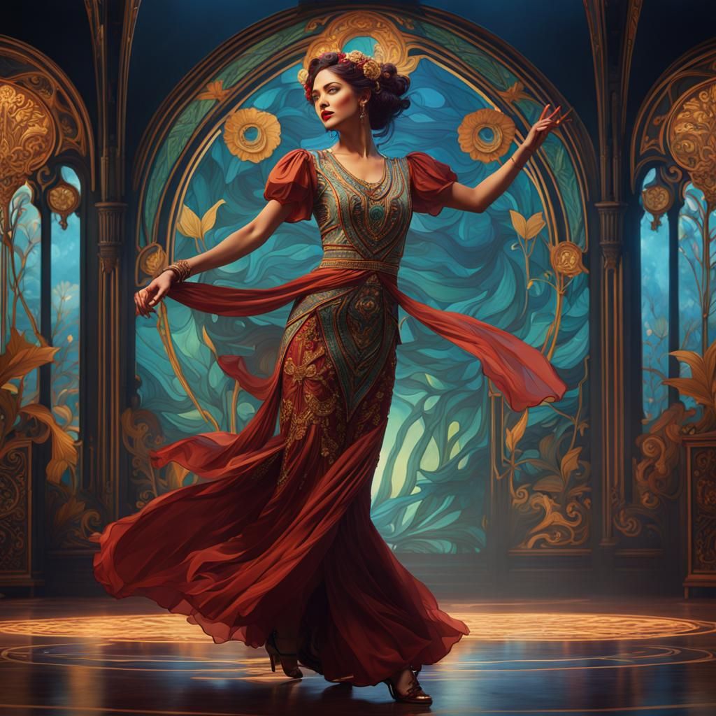 Art Nouveau Woman Dancing to Folk Music