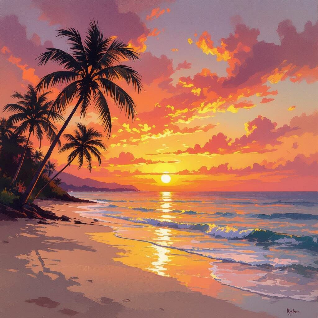 Vibrant Sunset Over Tranquil Palm Beach Landscape