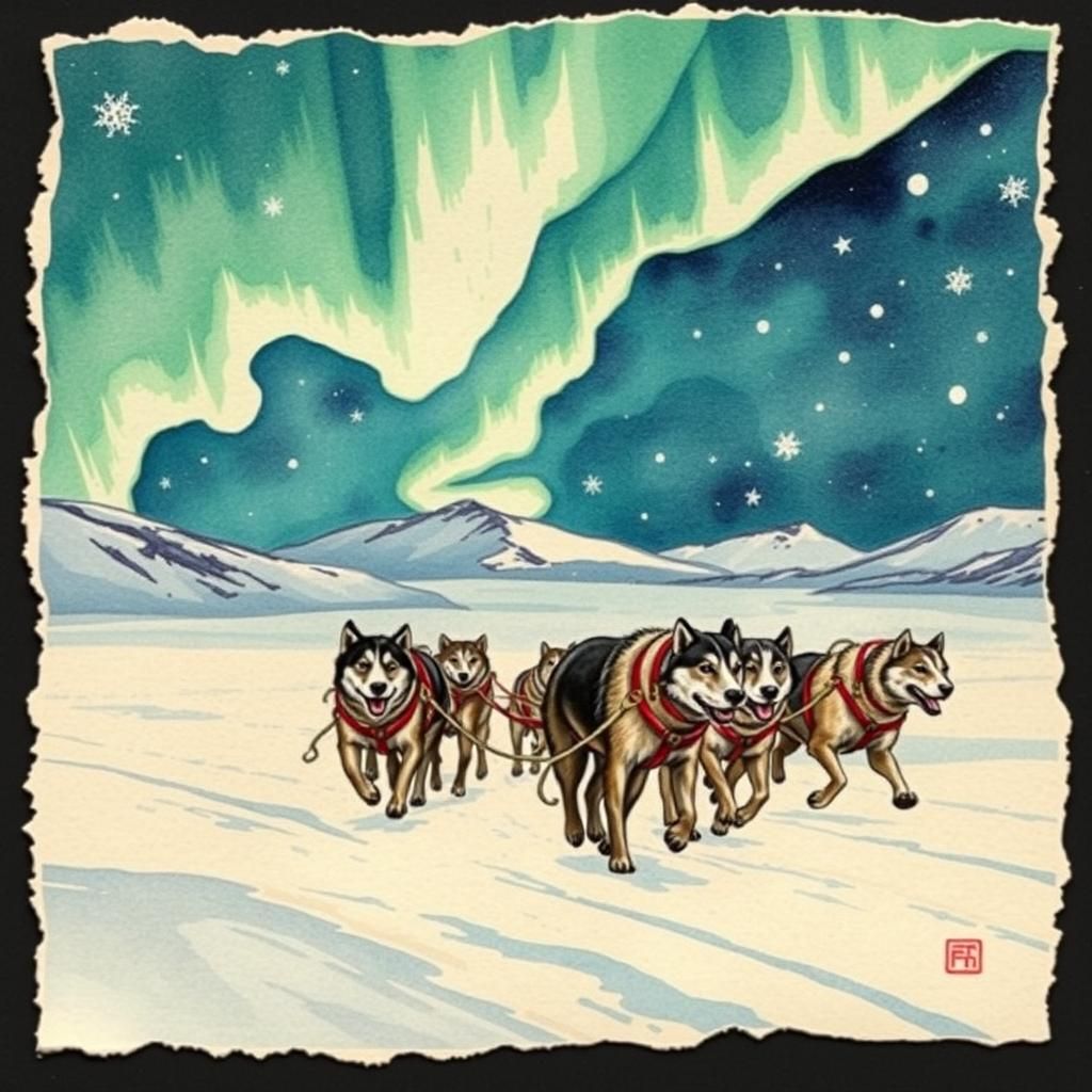 Dog Sled Team Races Under Aurora Sky