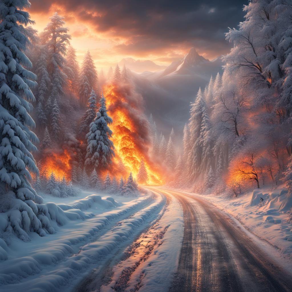 Fiery Winter Road: Epic Digital Matte Painting