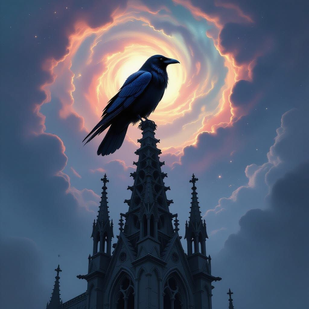 Ancient Raven on Gothic Spire Under Cosmic Sky