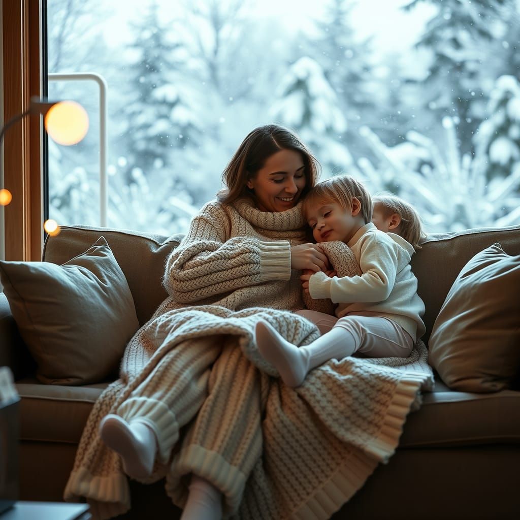 Cozy Mother and Children Snuggled Under Blanket