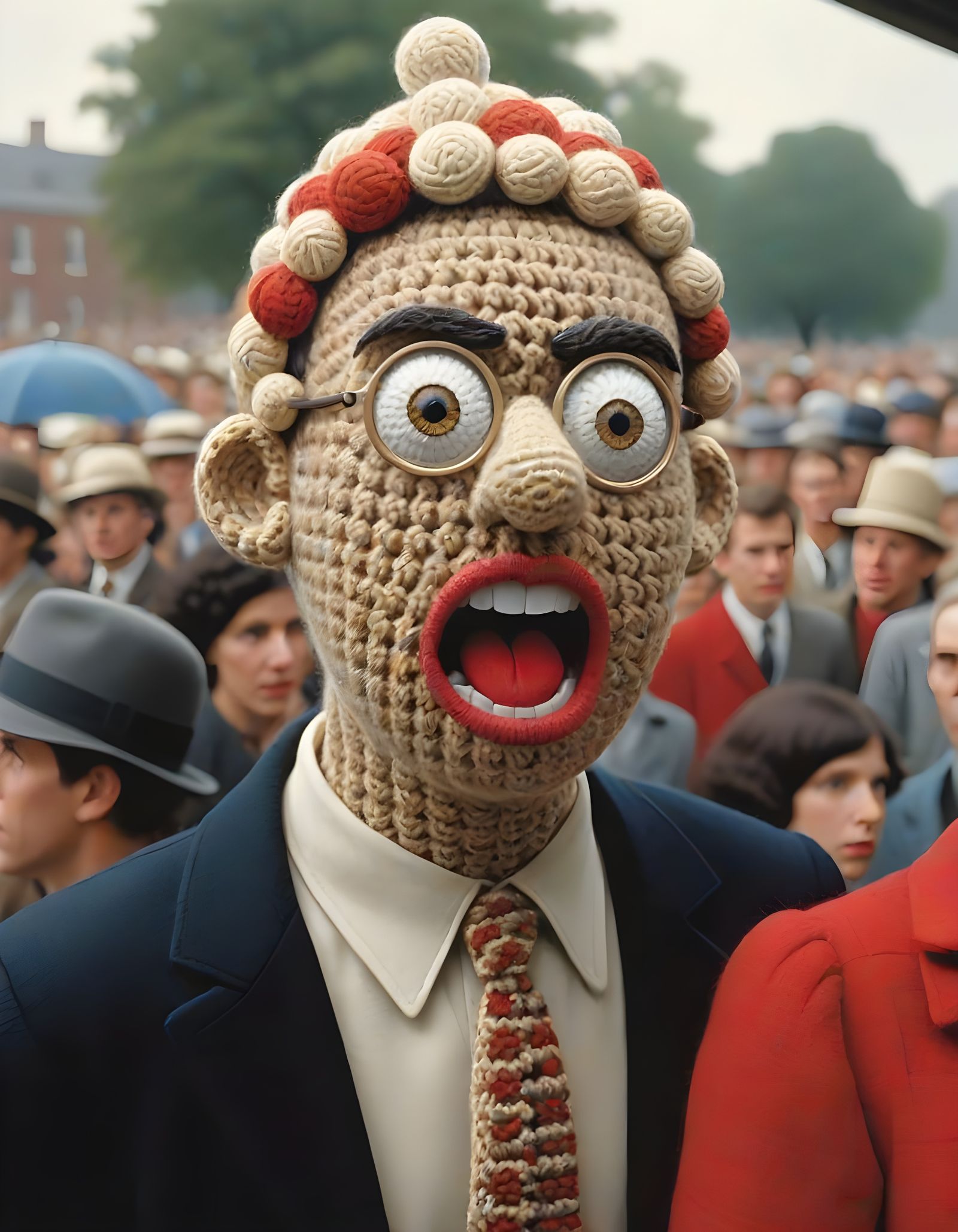 Surreal Crocheted Figure in a Crowd