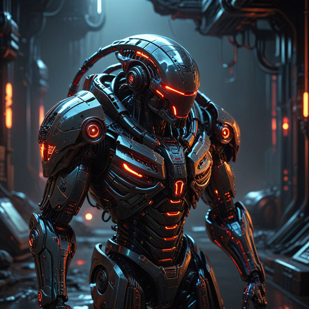 Dramatic, Metallic Cyborg in a Gritty, Futuristic Landscape