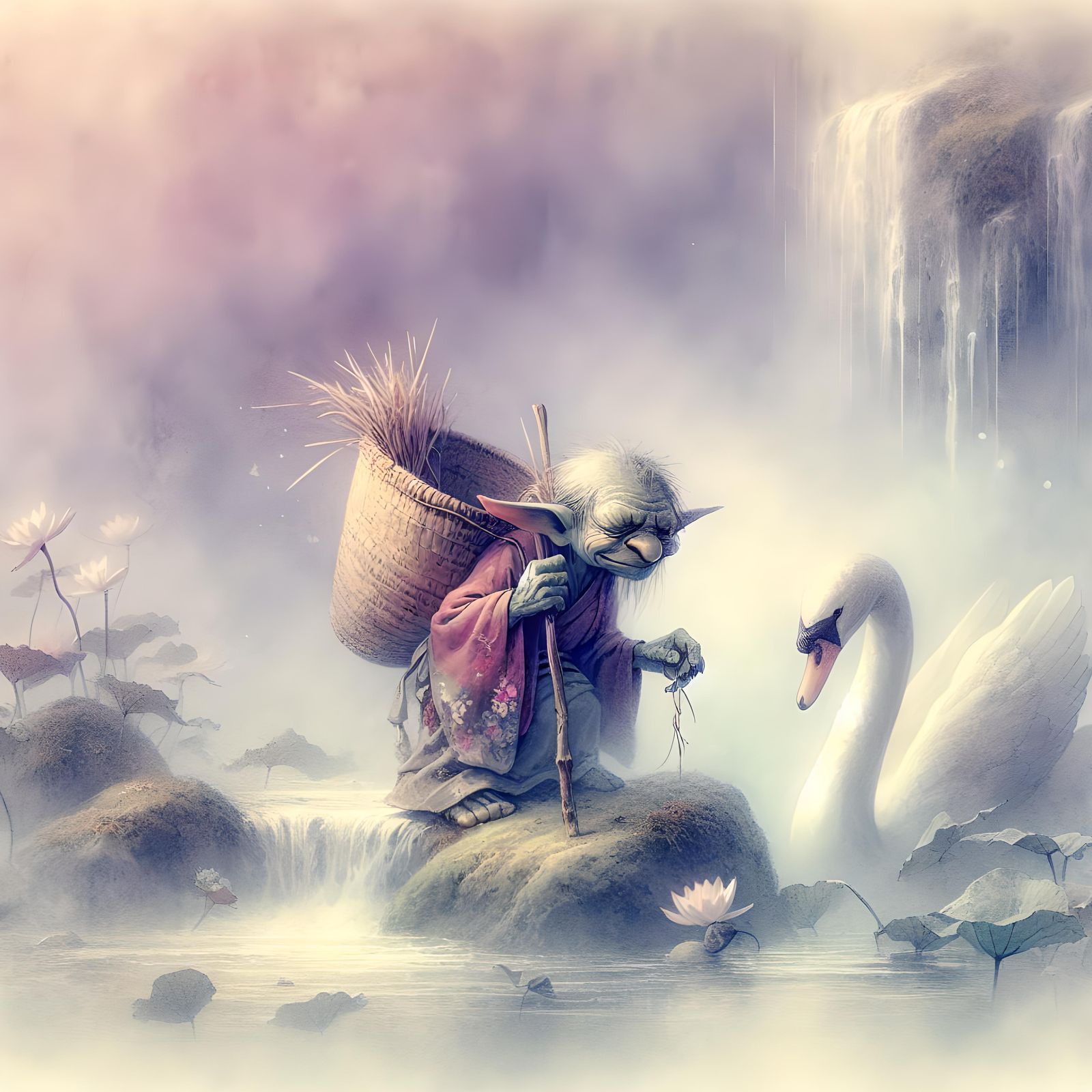 Gremlin and Swan in Ukiyo-e Dreamscape