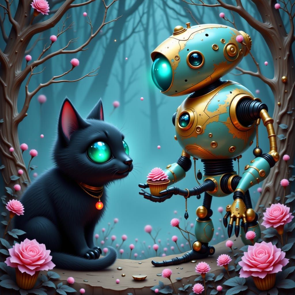 Robot and Cat in Dreamlike Landscape, Blending Art Styles