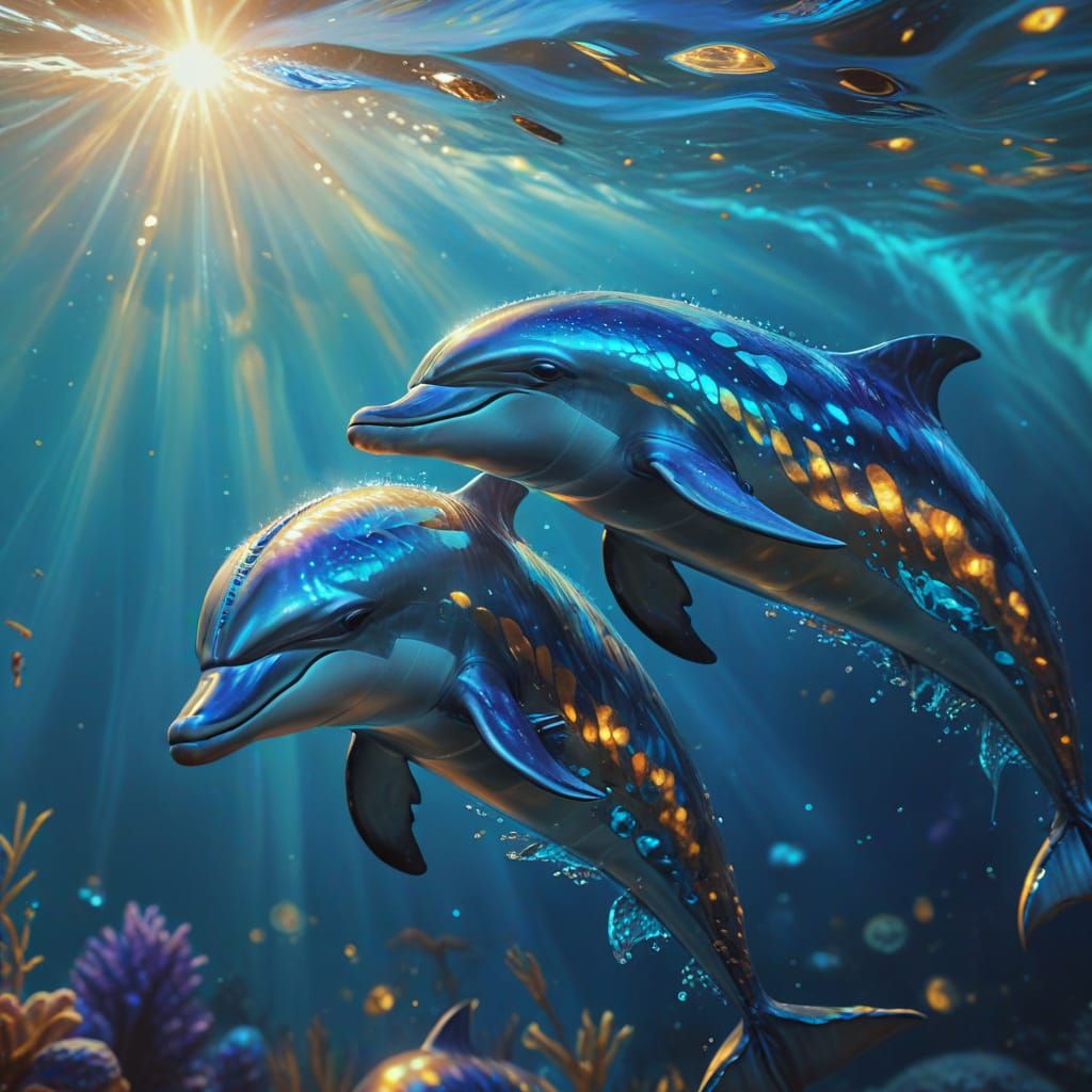 Crystalline Dolphins Swimming in Ocean, Vivid Digital Art