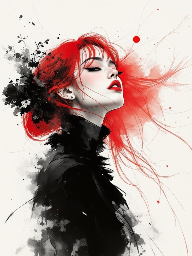Ethereal Woman in Red, Embodied by Japanese Ink Brush Art
