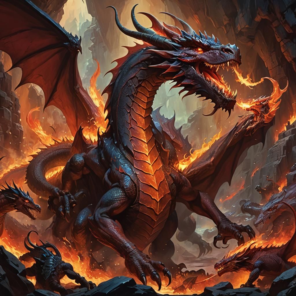 Dragon Battle in Fiery Cavern: Fantasy Concept Art