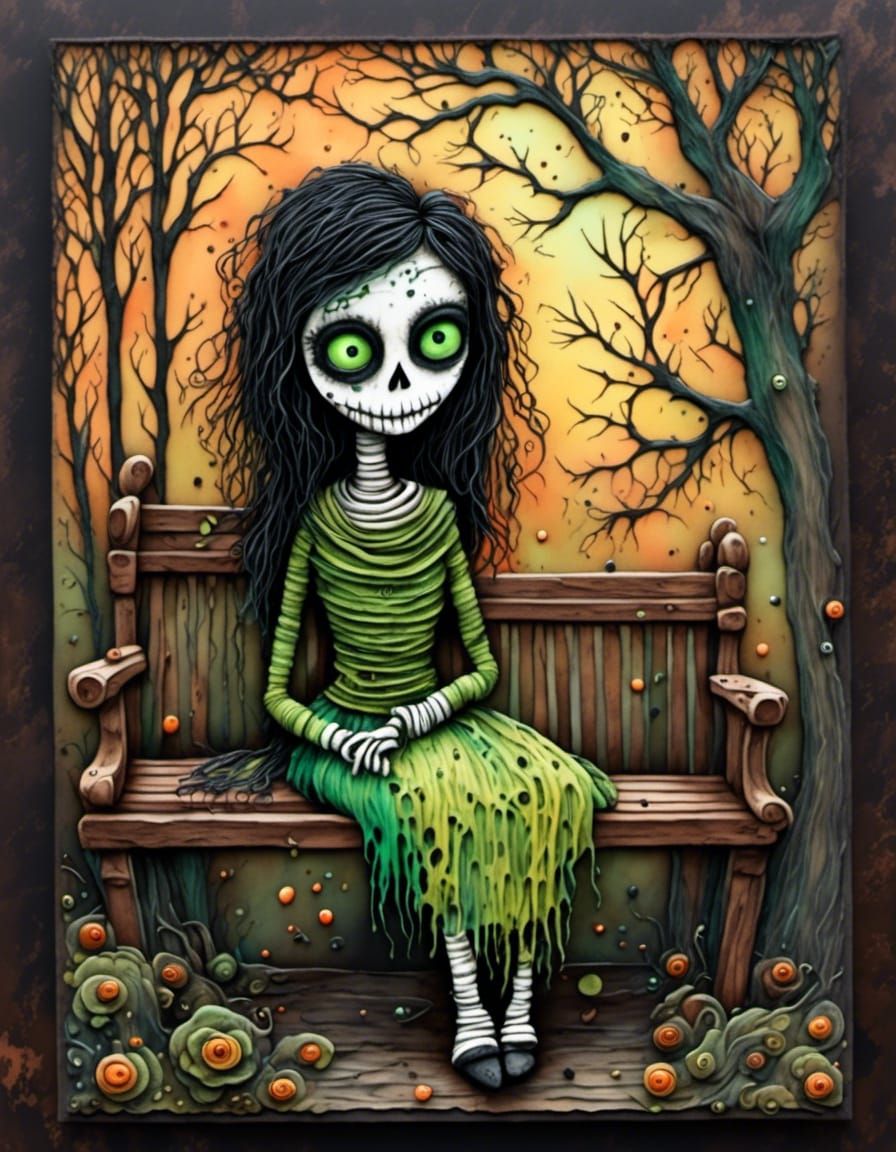 3d raised texture scary mummy girl, black hair, intricate gr...