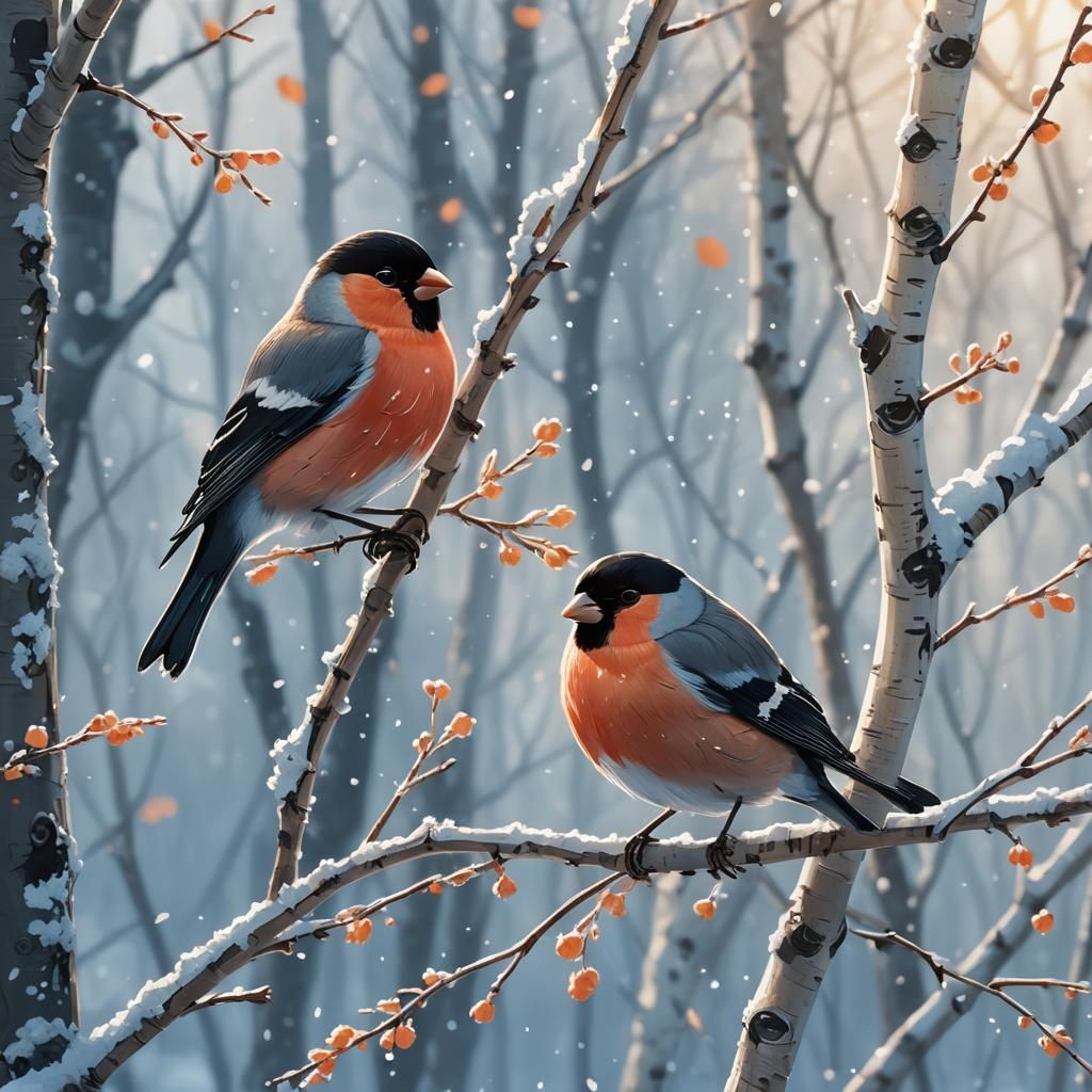 Bullfinch on Frozen Birch: Cinematic Anime Illustration