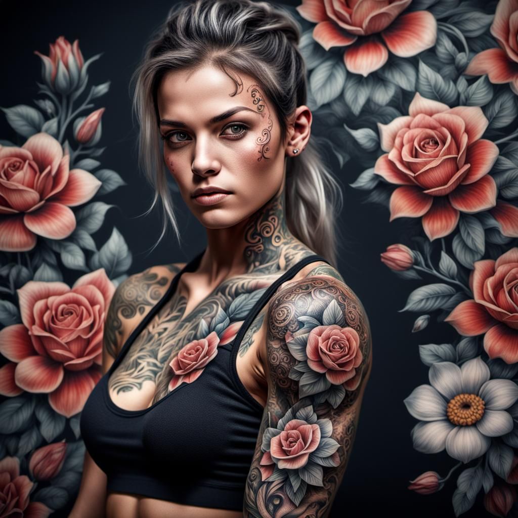Tattooed Woman with Flowery Ink Art