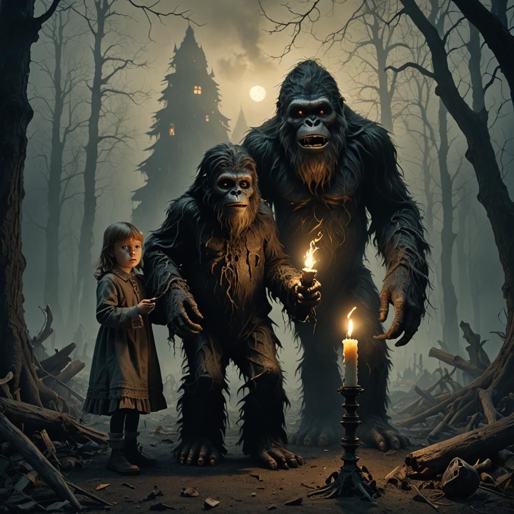 Gothic Children Play with Bones under Dark Bigfoot's Watchfu...