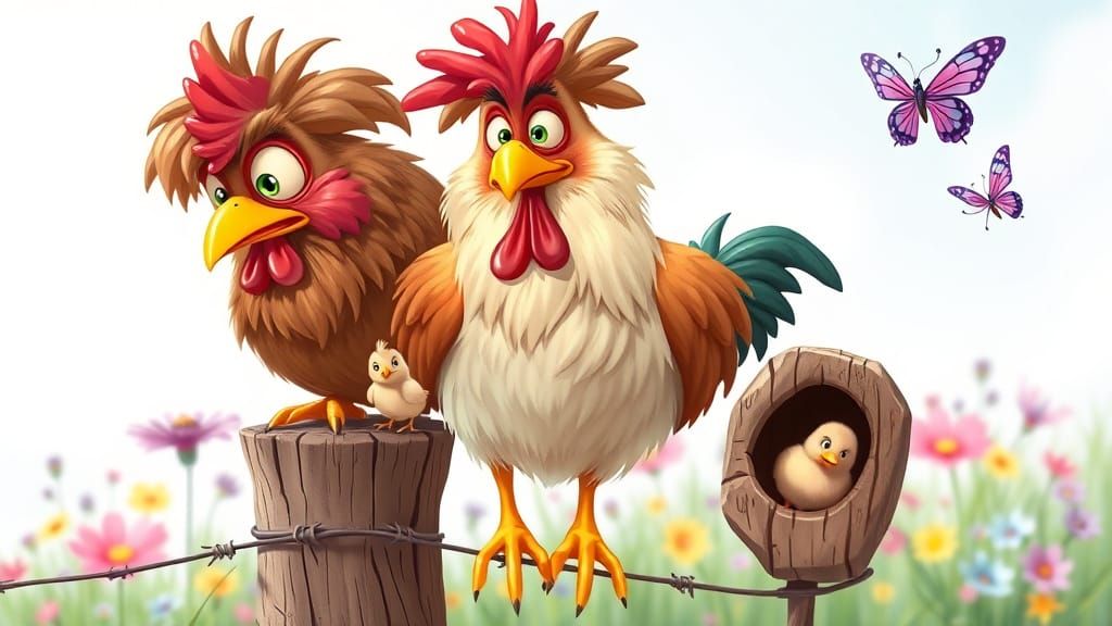 Whimsical Family of Chickens in a Humorous Cartoon Style
