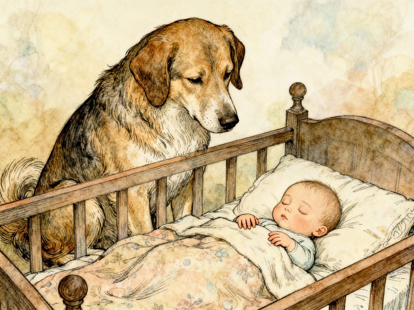 Gentle Giant Dog Protects Sleeping Infant in Whimsical Style