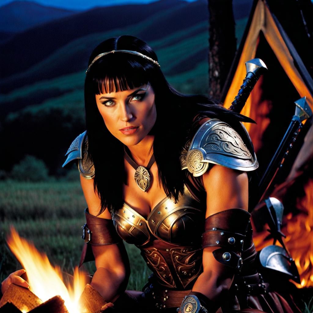 Xena, warrior princess in leather armor in open fields near forrest in new-zealand resting at campfire