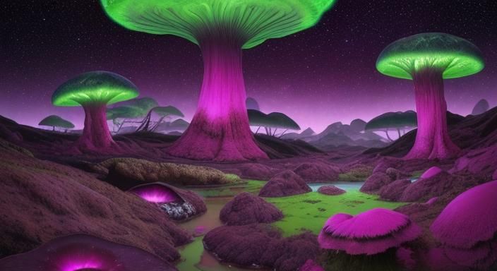 Bioluminescent Mushrooms on an Alien Planet