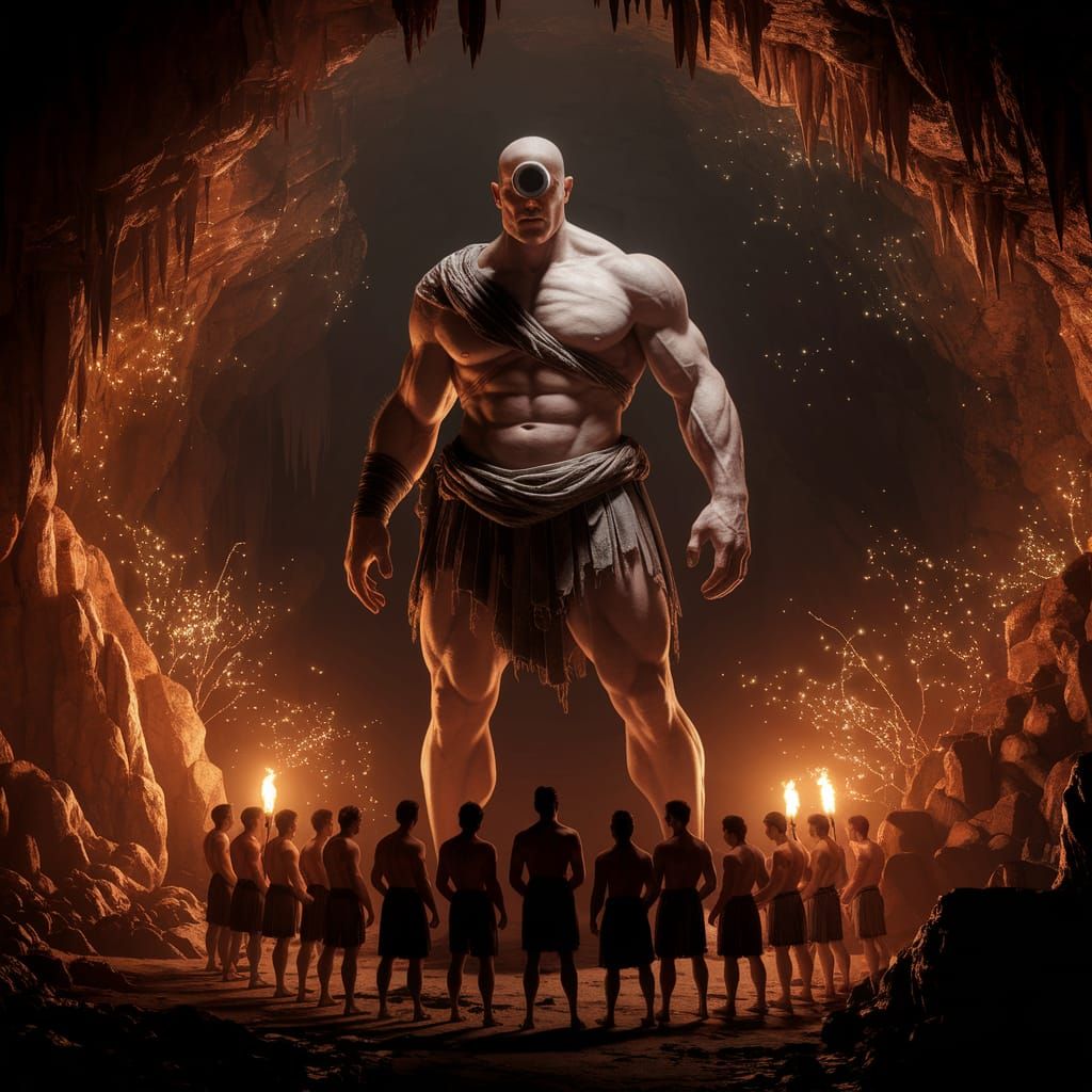 Colossal Cyclops Polyphemus Meets Greek Explorers in Cave