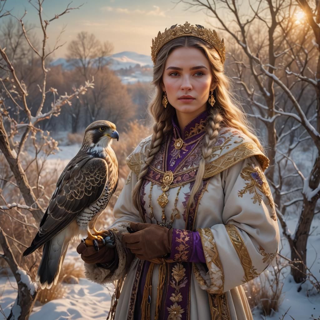Ukrainian Woman with Falcon in Winter Landscape