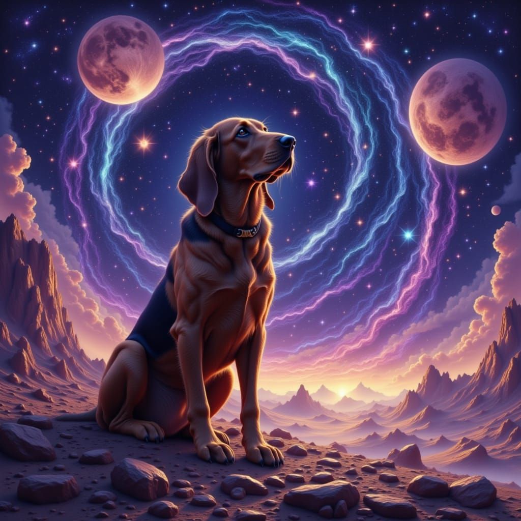 A majestic bloodhound with fur like a swirling galaxy, gazin...