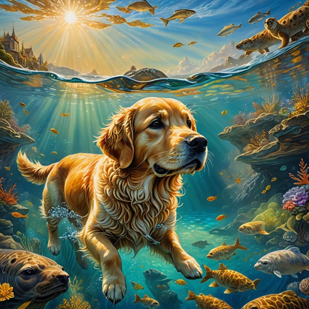 Golden Retriever and Seal Underwater, Oil Painting
