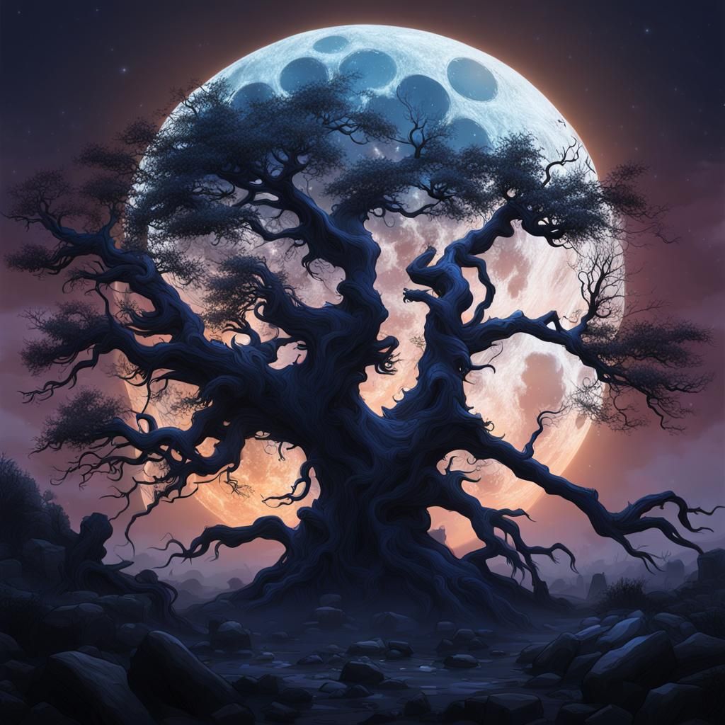 Ancient oak and full moon