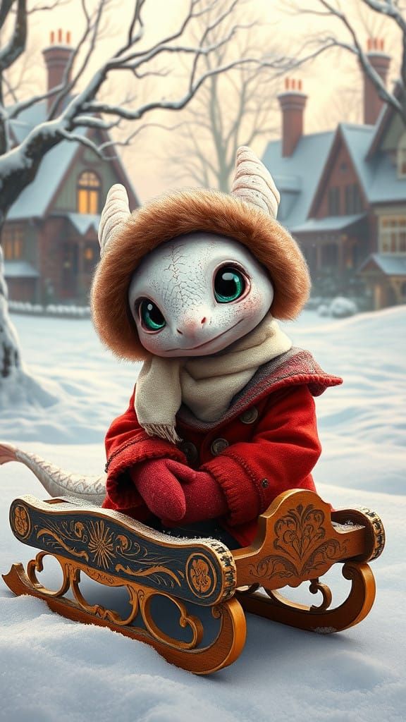 Cherubic Victorian Baby Dragon with Intricate Sled