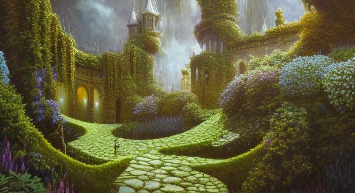Alien Castle Ruins and Garden Terraces in Acrylics
