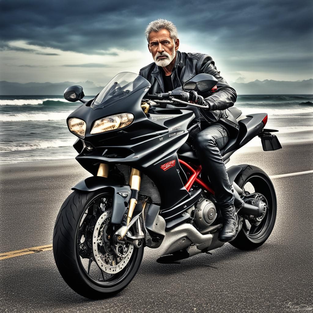 Italian Man on Ducati Motorcycle, Hyperrealistic Beach Road