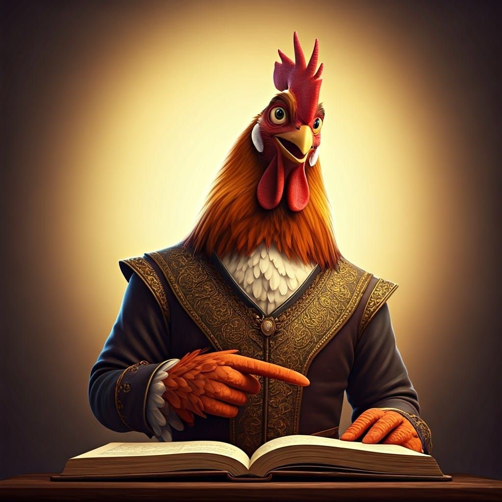 Regal Rooster Reading, Pixar-Style 3D Art