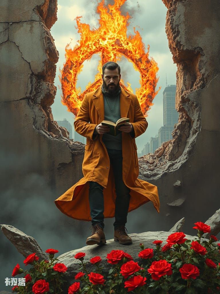 Man Emerges from Ruin with Scorched Book