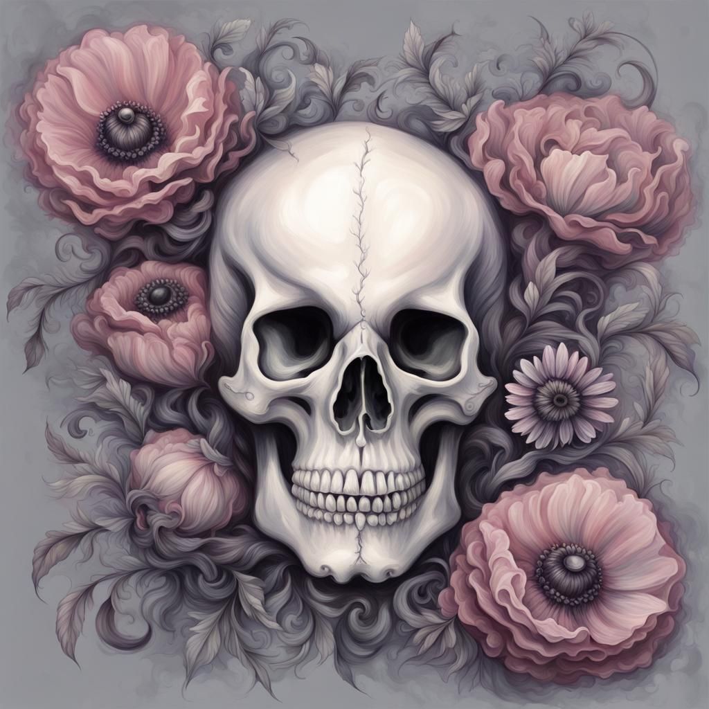 Pastel Goth Skull Art with Anemones